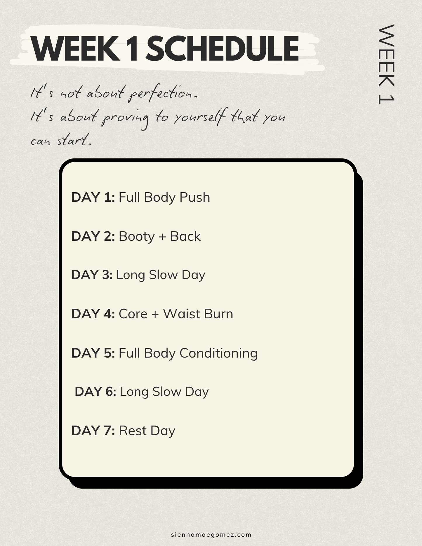 Strong This Summer – 6-Week Strength Program by Sienna Mae Gomez features a weekly schedule: Full Body Push, Booty + Back, Long Slow Day, Core + Waist Burn, Full Body Conditioning, Long Slow Day, and Rest Day in a motivational minimalist design.