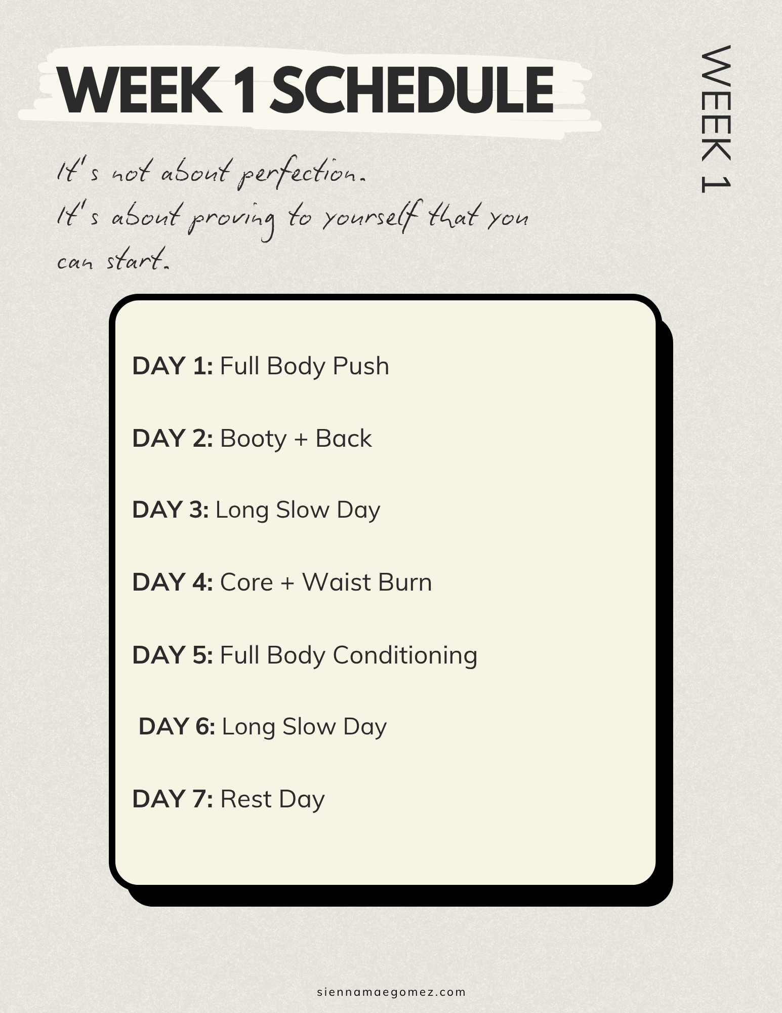 Strong This Summer – 6-Week Strength Program by Sienna Mae Gomez features a weekly schedule: Full Body Push, Booty + Back, Long Slow Day, Core + Waist Burn, Full Body Conditioning, Long Slow Day, and Rest Day in a motivational minimalist design.