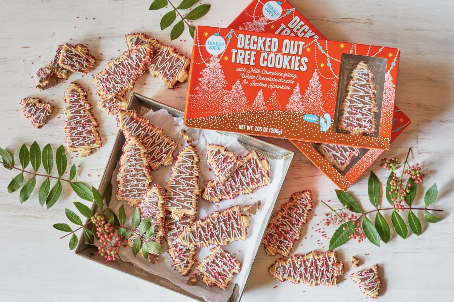 Trader Joe's Christmas Tree Shaped Sugar Cookies with Chocolate, White frosting, and sprinkles