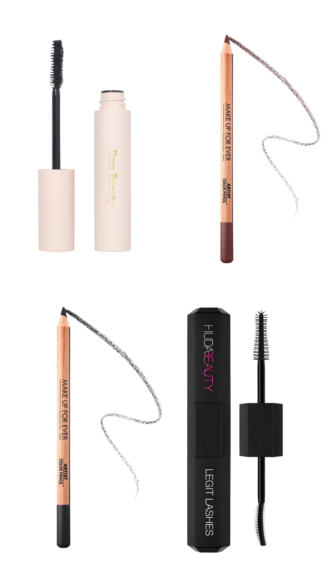 Mascara by Rare Beauty, and Huda Beauty and eyeliners by Makeup Forever