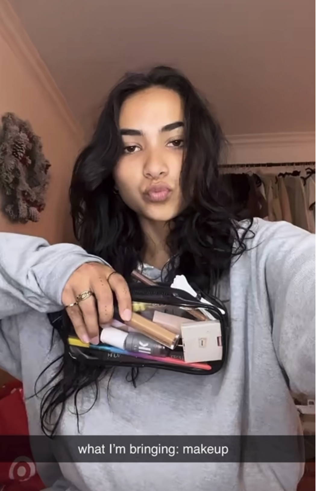 Sienna Mae Gomez poses with clear makeup travel bag on Snapchat