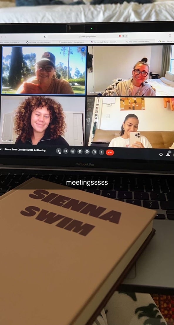 Zoom meeting with multiple women on screen and the word "meetings" across in snapchat font