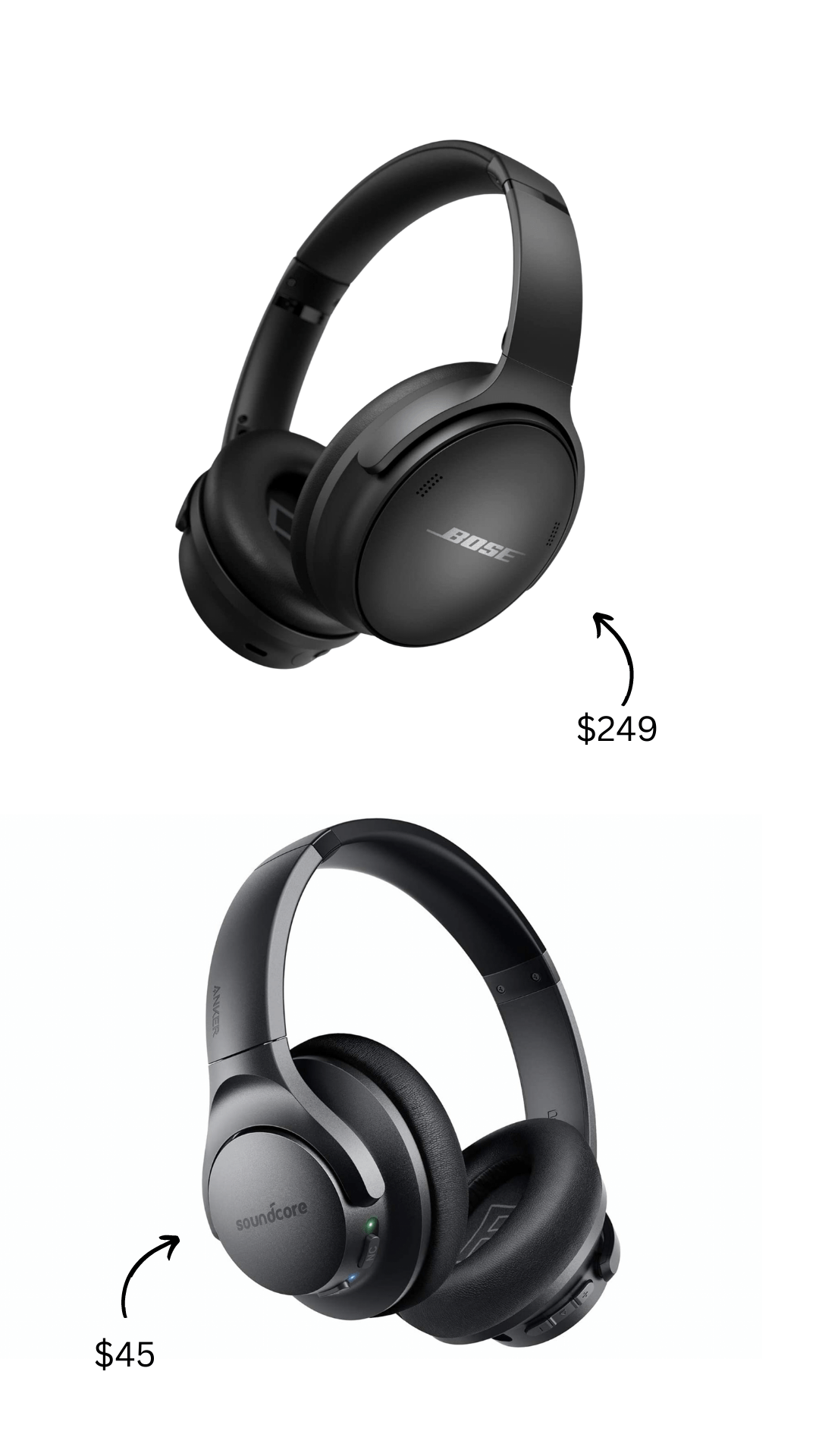 Two pairs of noise-cancelling headphones in black, with different pricing options, one for $249 and one for $45