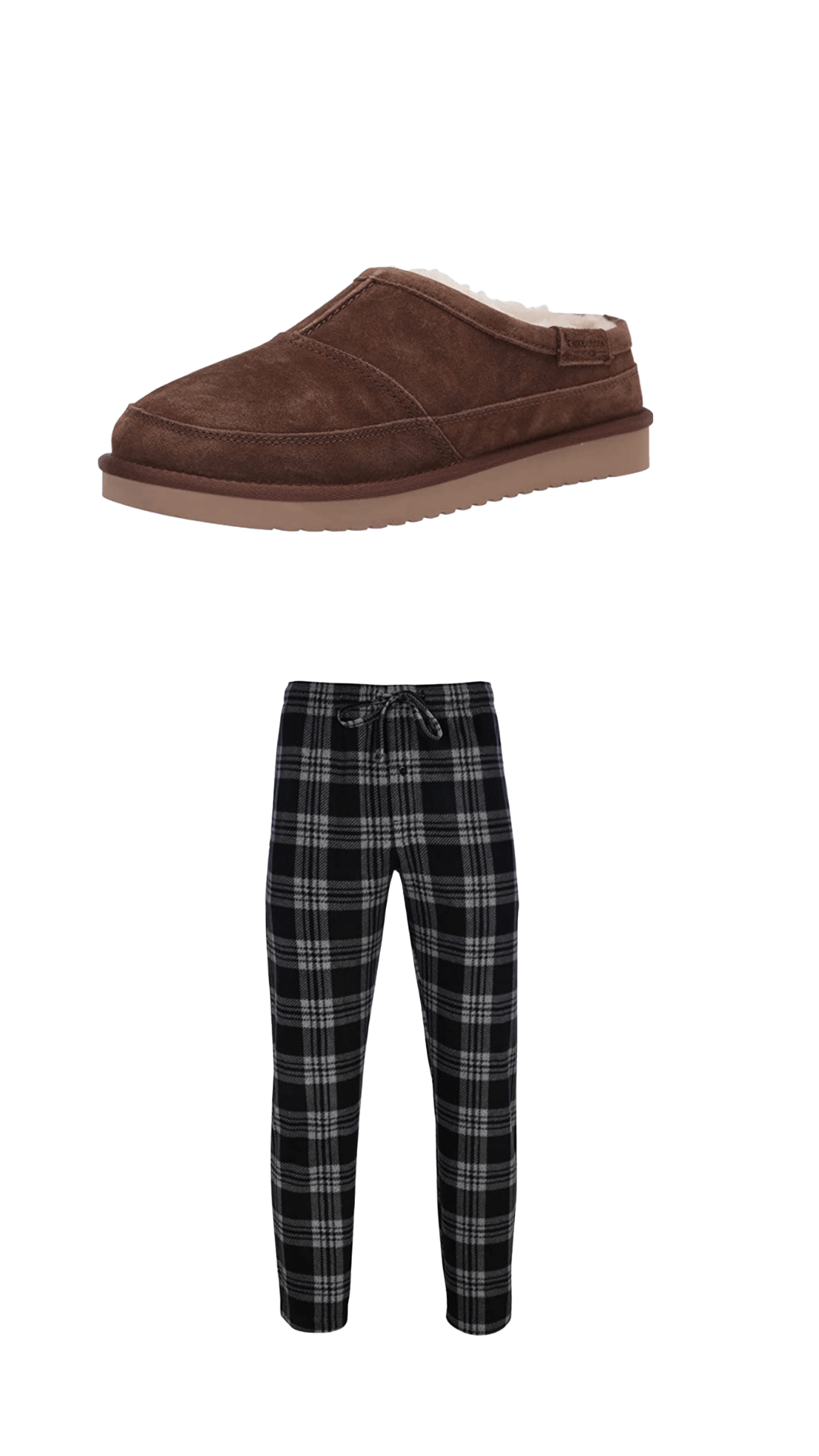 Men's brown, sheepskin slippers and Hanes pajama pants in blue/black plaid