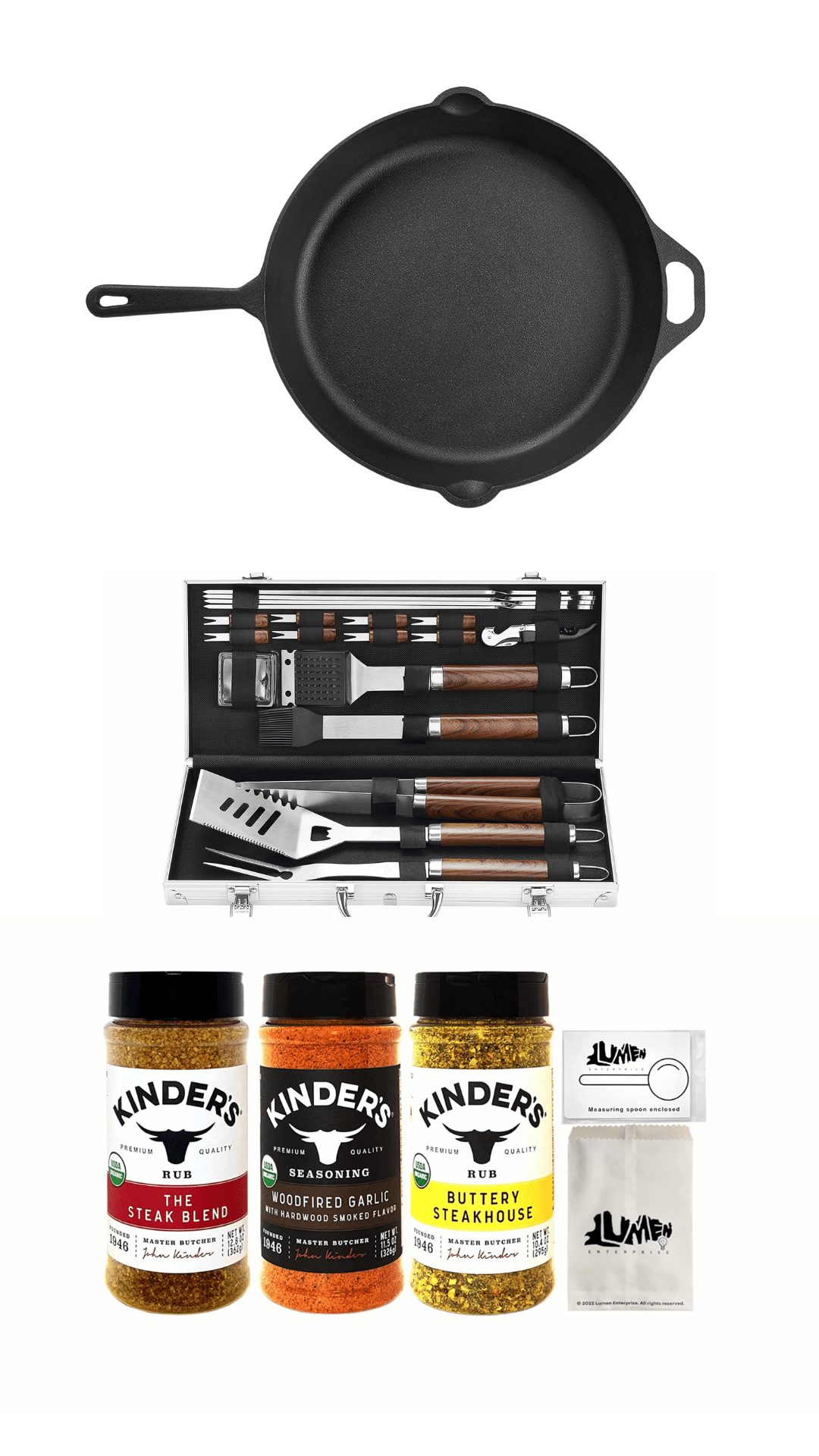 Different cooking utensils, at top a cast iron skillet, in the middle a variety of BBQ accessories, and on the bottom a collection of Kinder's BBQ seasonings