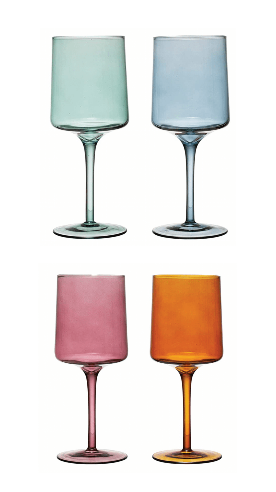 4 multicolored wine glasses, from left to right, top to bottom, green, blue, pink, and orange