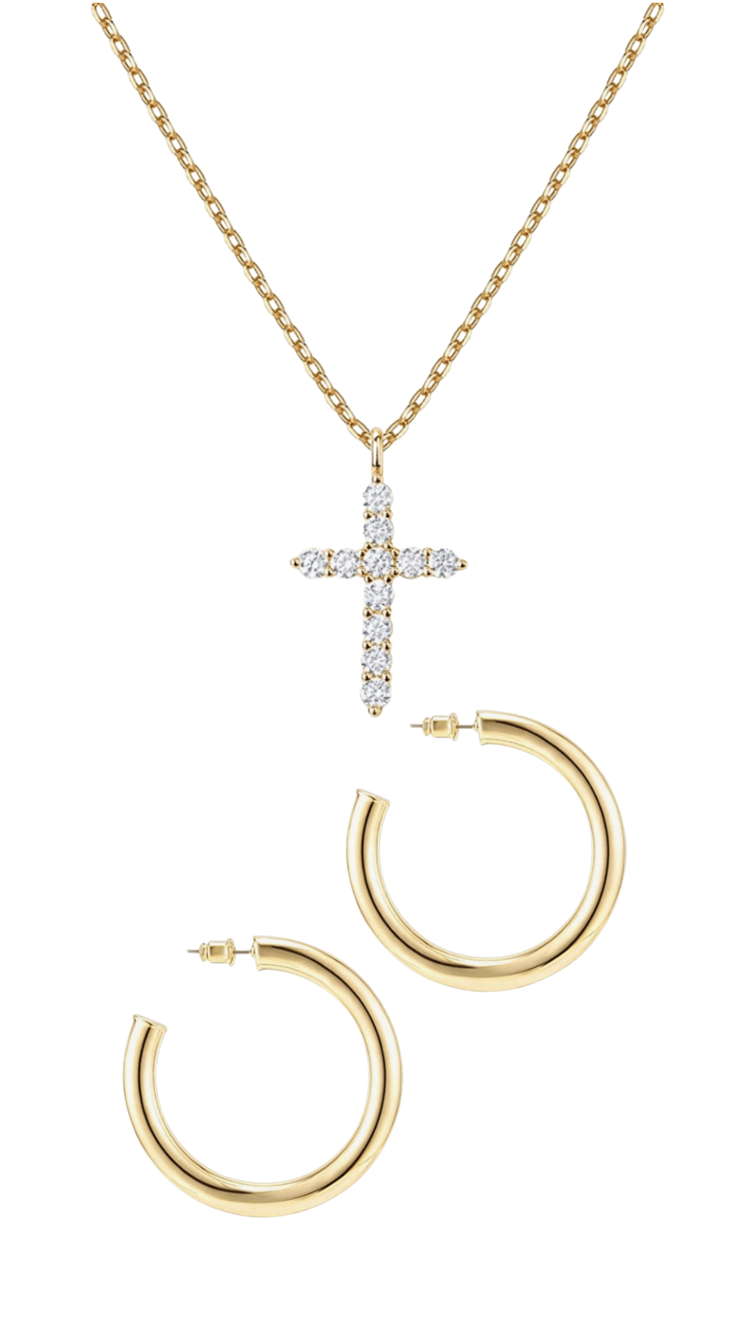 Gold & diamond dainty cross necklace on gold chain, gold hoop earrings