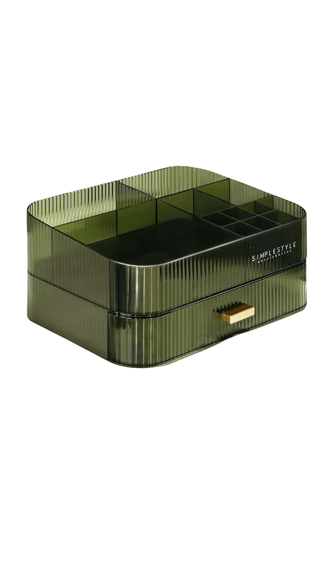 Green and gold accented makeup organizer