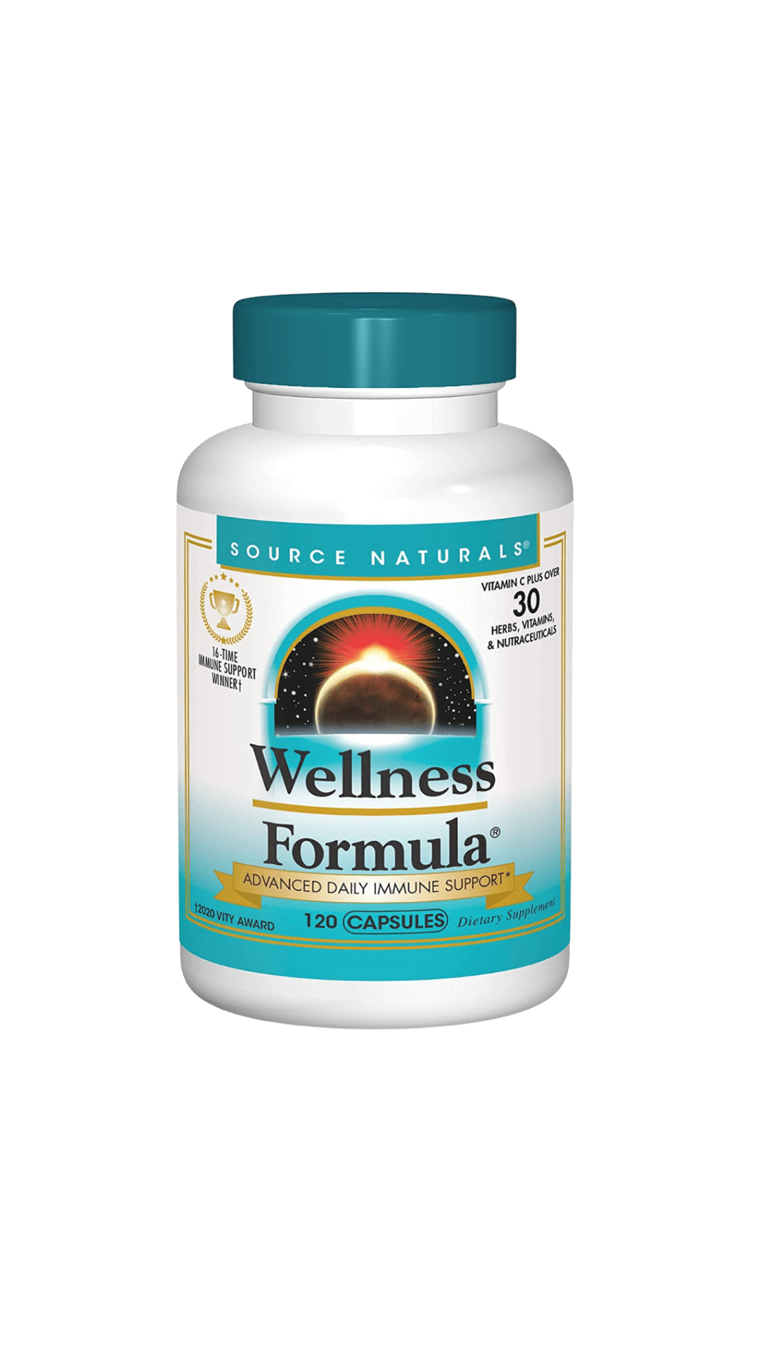 White pill bottle with the words "Wellness Formula" written across the front with teal branding and cap