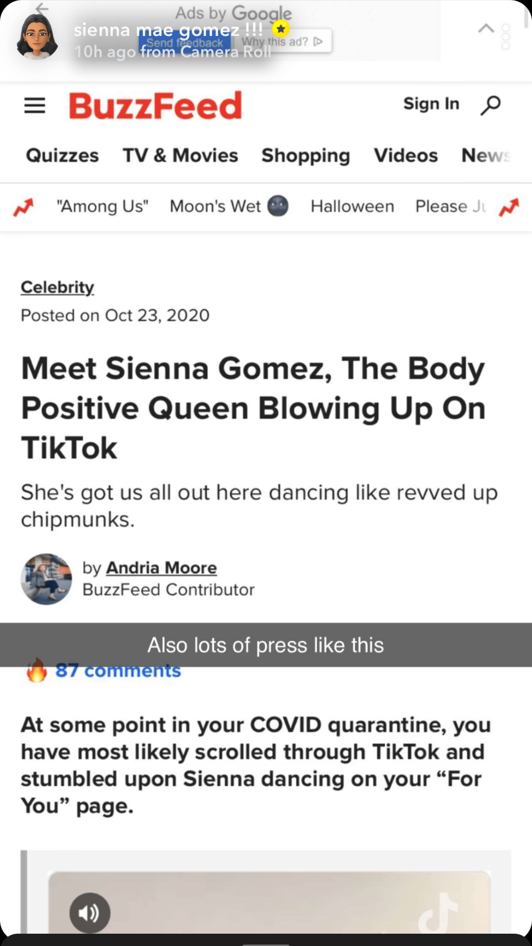 Screenshot of a news article about tiktoker Sienna Mae
