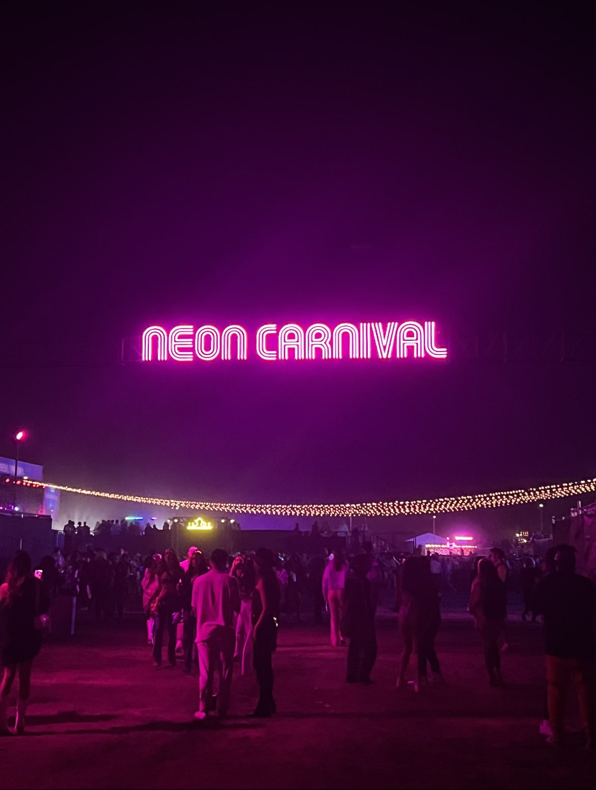 Neon pink sign suspended over crowd of people that reads "Neon Carnival"