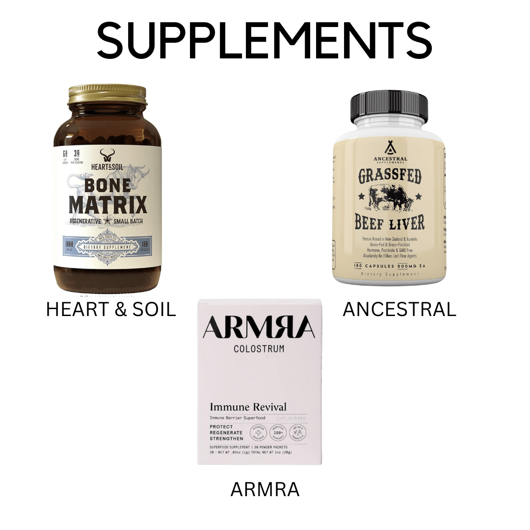 PRODUCT PHOTOS: Supplements from Ancestral, Heart & Soil, and Armra.