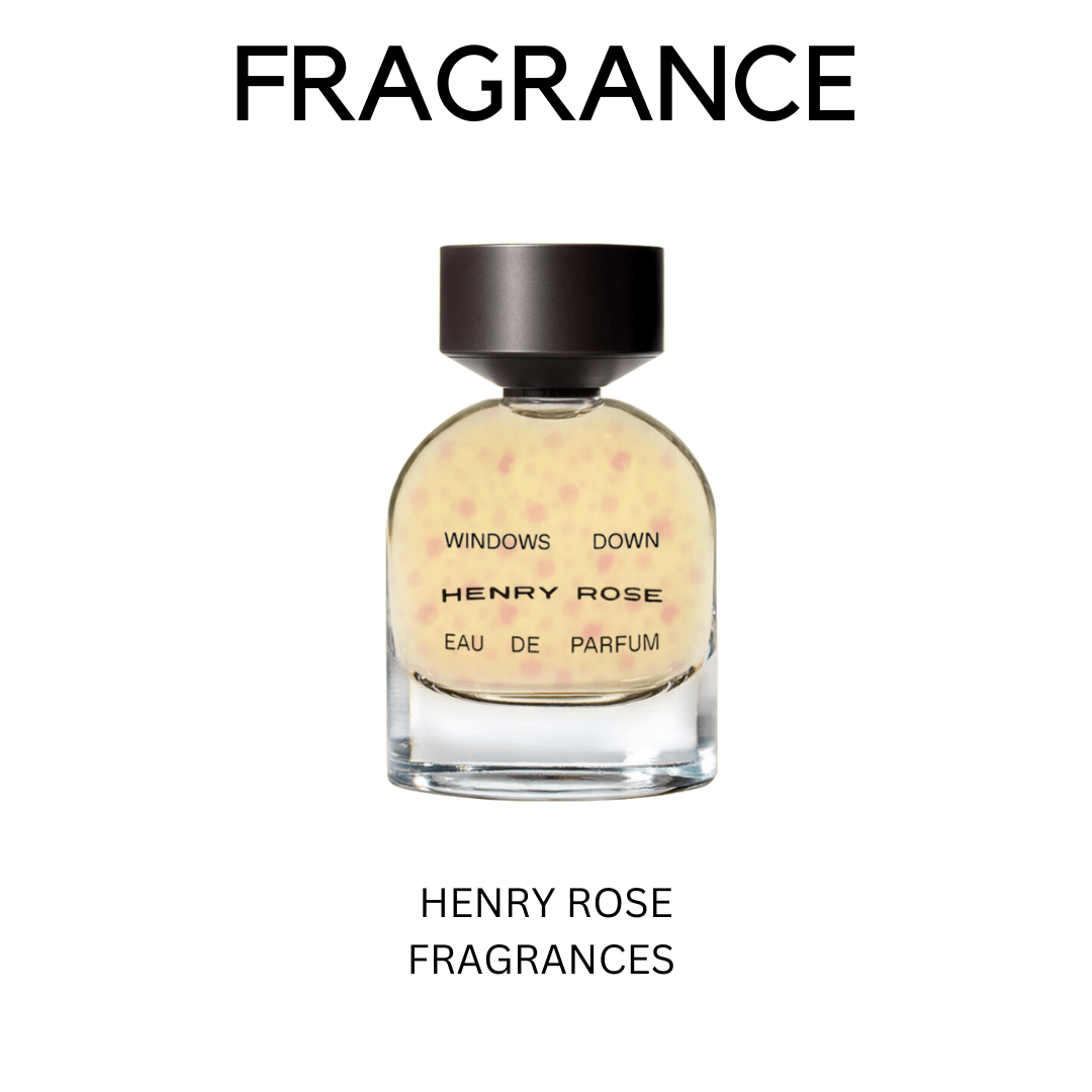PRODUCT PHOTO: Henry Rose Windows down perfume bottle with black text displaying brand name and black flat top lid