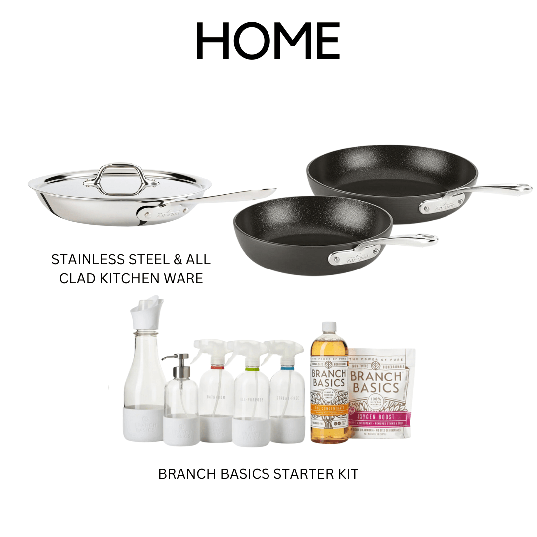 PRODUCT PHOTOS: stainless steel and all-clad cooking pans and branch basics starting kit including a variety of spray bottles and cleaning solution, dish tablets